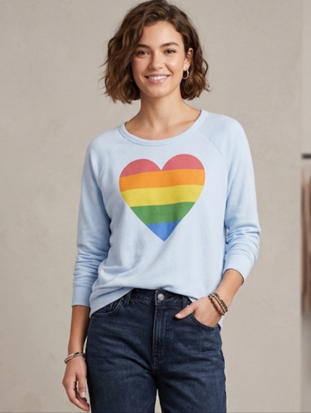 Sundry Light Blue Rainbow Heart Graphic Crewneck Pullover Sweatshirt Relaxed Fit